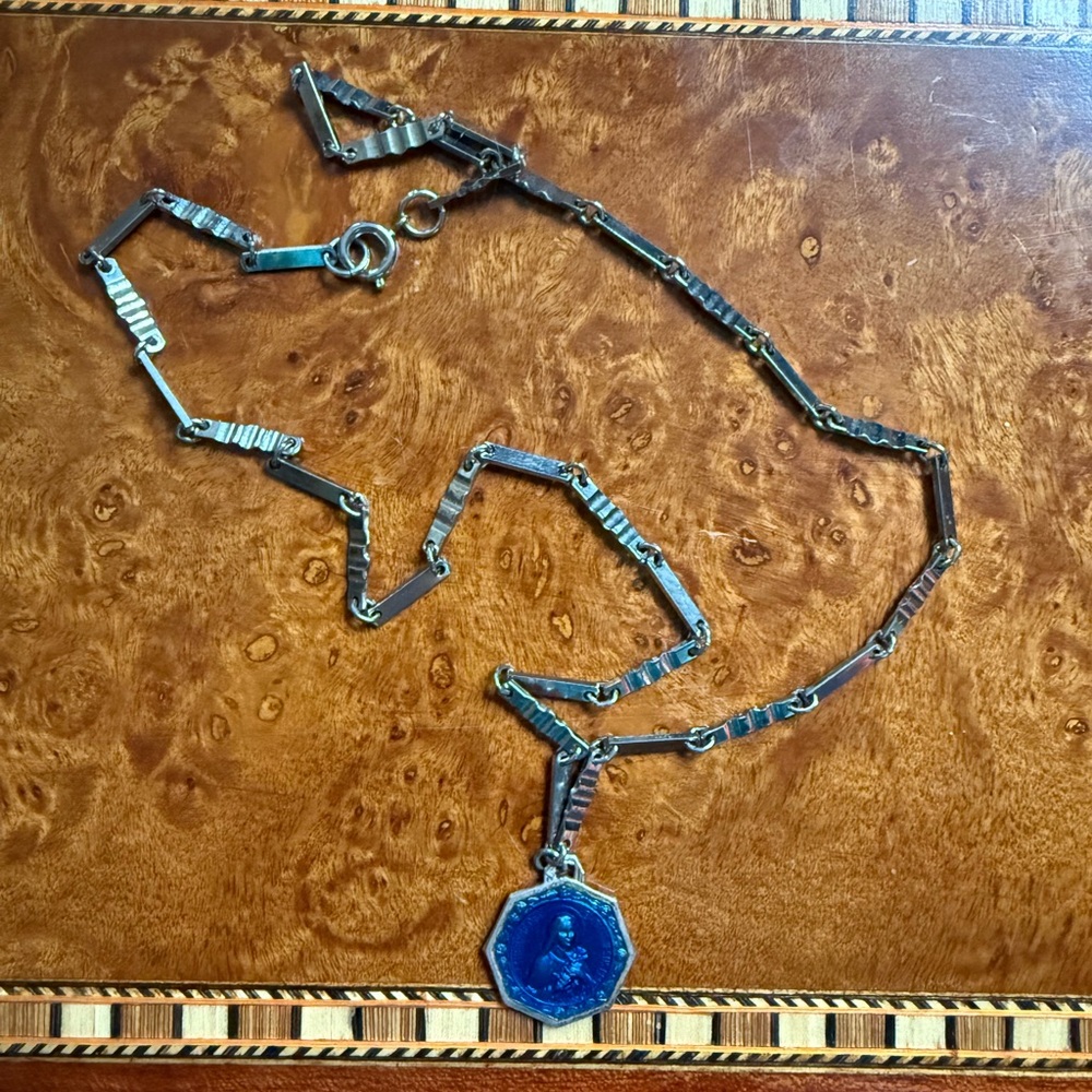 Vintage St Therese of Lisieux Silver Pendant Necklace with Blue Enamel